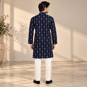 Krishna Ethnic Men Navy Blue Dotted Stripe Printed Kurta (3)