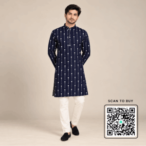 Krishna Ethnic Men Navy Blue Dotted Stripe Printed Kurta