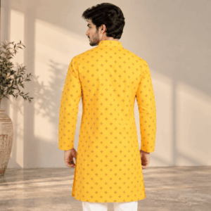 Krishna Ethnic Men Printed Regular Fit Yellow Kurta (2)