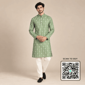Krishna Ethnic Men Sage Green White Dotted Printed Kurta