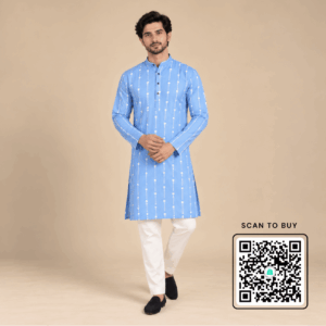 Krishna Ethnic Men Sky Blue Dotted Stripe Printed Kurta