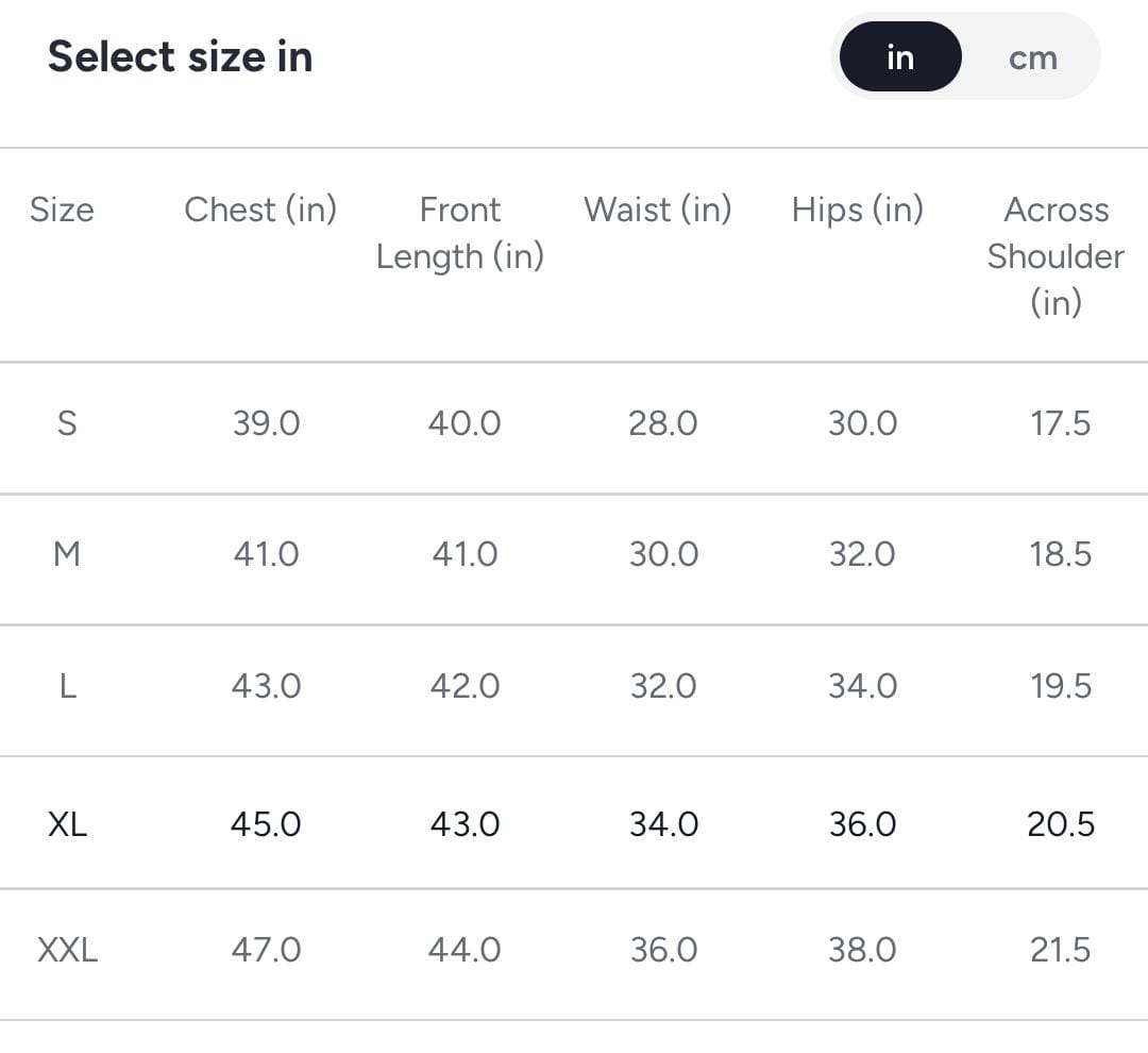 Product size chart